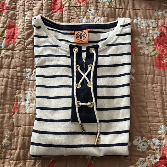 Tory Burch drawstring jersey-style, striped top. - Picture 2 of 5